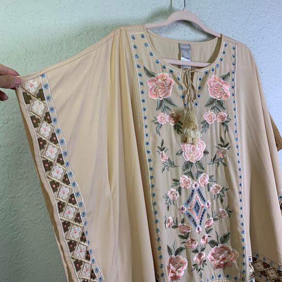 CHICO'S Poncho Fully Embroidered‎ Front Scoop Neck w/Tassel Ties Fringe Hem - Picture 6 of 12